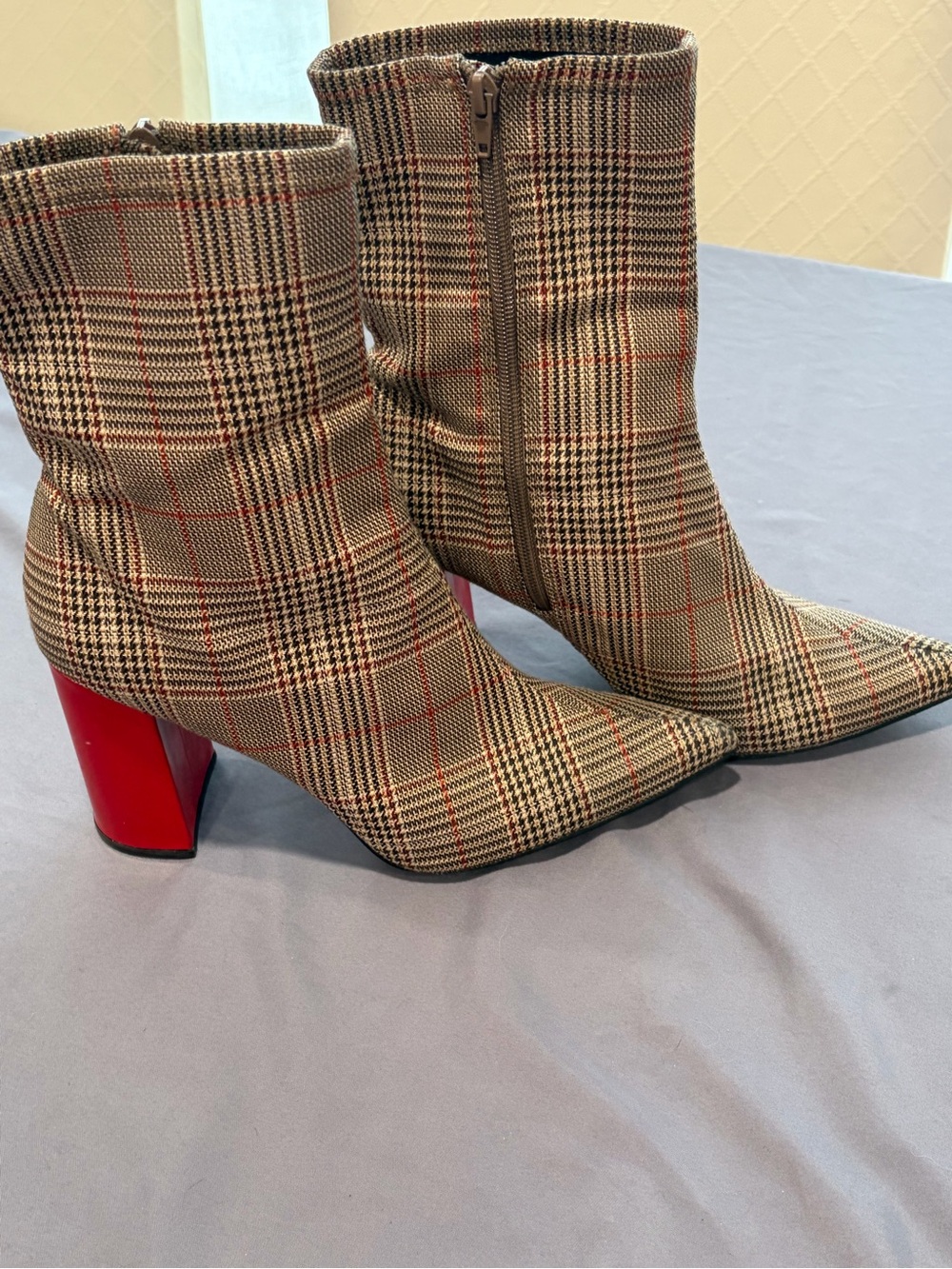 Jeffrey Campbell Siren Plaid Pointed-Toe Ankle Boots with Red Block Heel 10